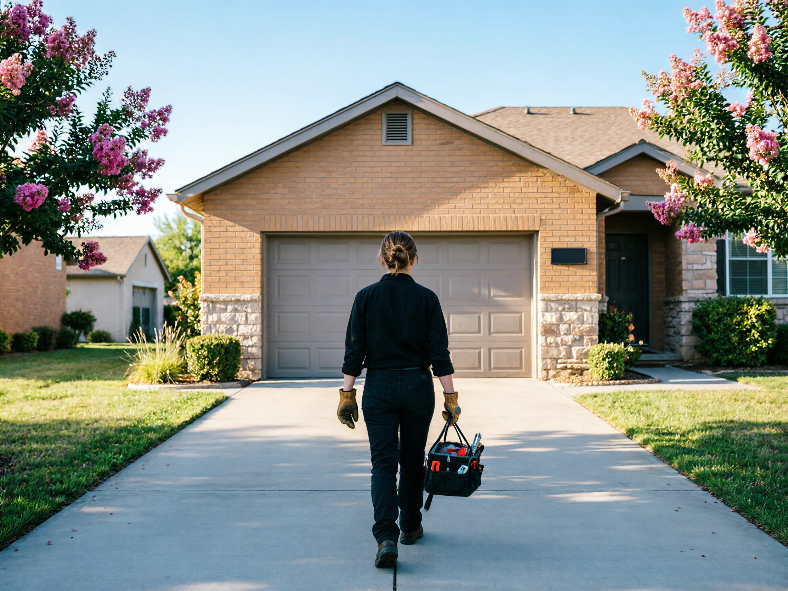 A technician walks up a driveway towards a house with a closed garage door.