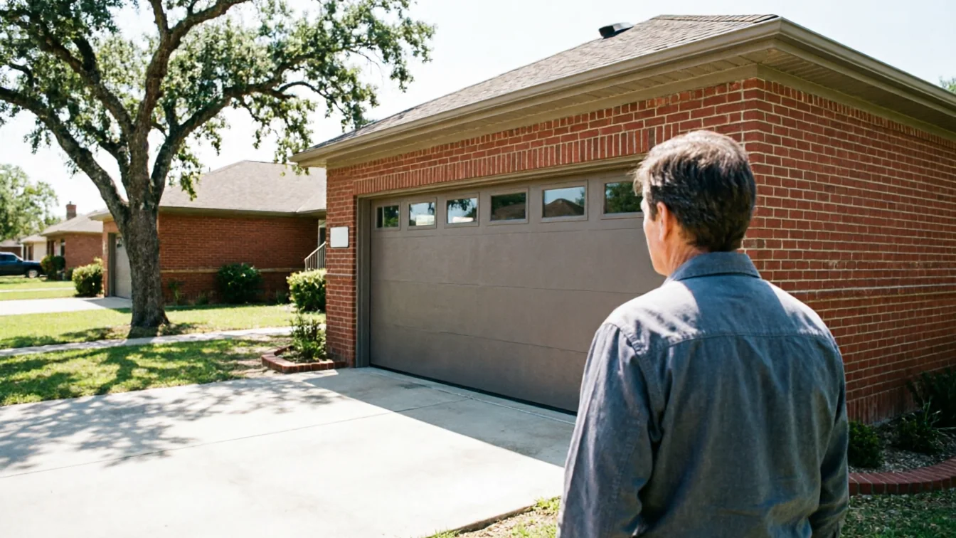 A man stands in a driveway looking at a brown garage door with windows.