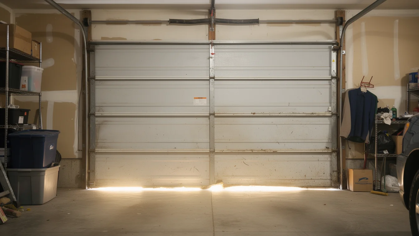 The white garage door is closed with light shining underneath it.