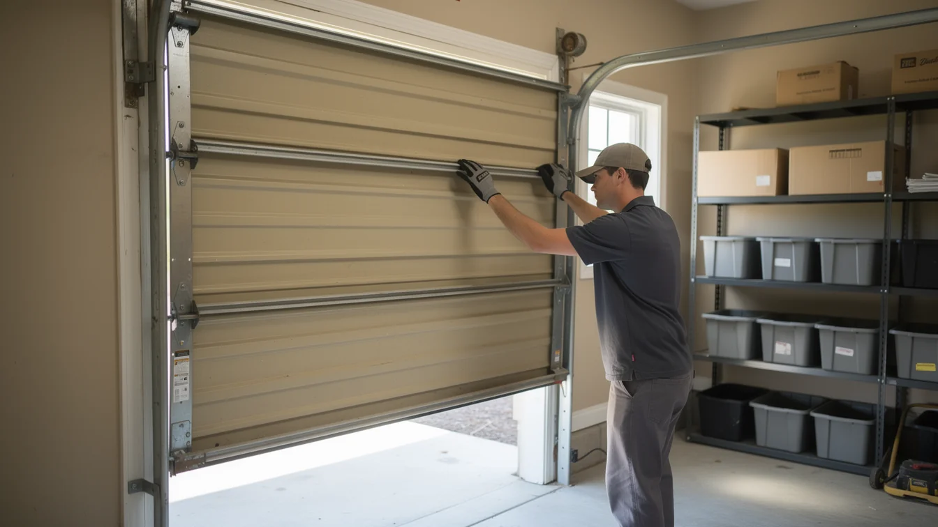 A technician in a cap and gloves adjusts a tan garage door inside a garage.