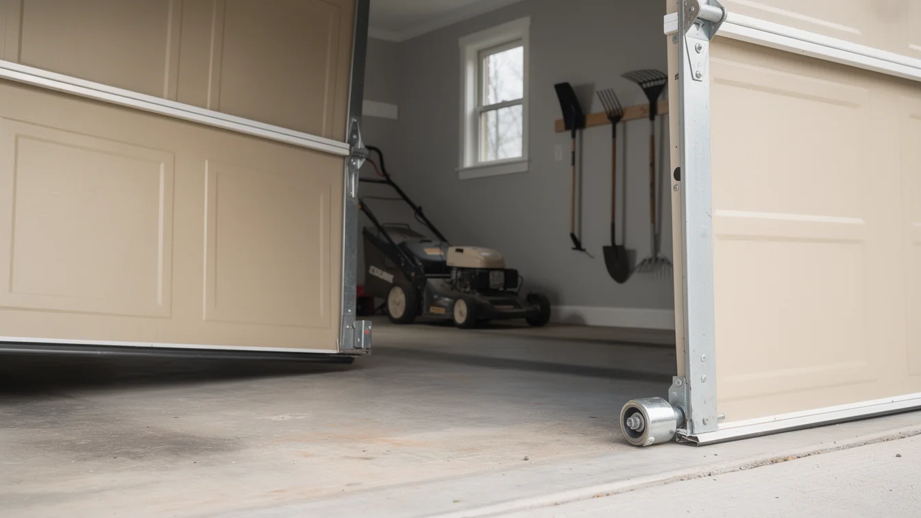 A beige garage door is open, showing a lawnmower and tools inside.