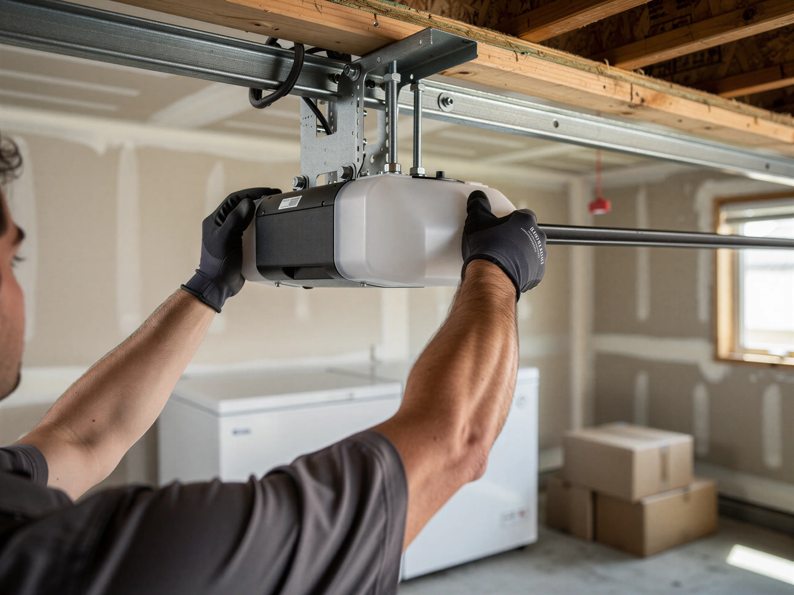 A technician in black gloves installs a garage door opener on a ceiling.