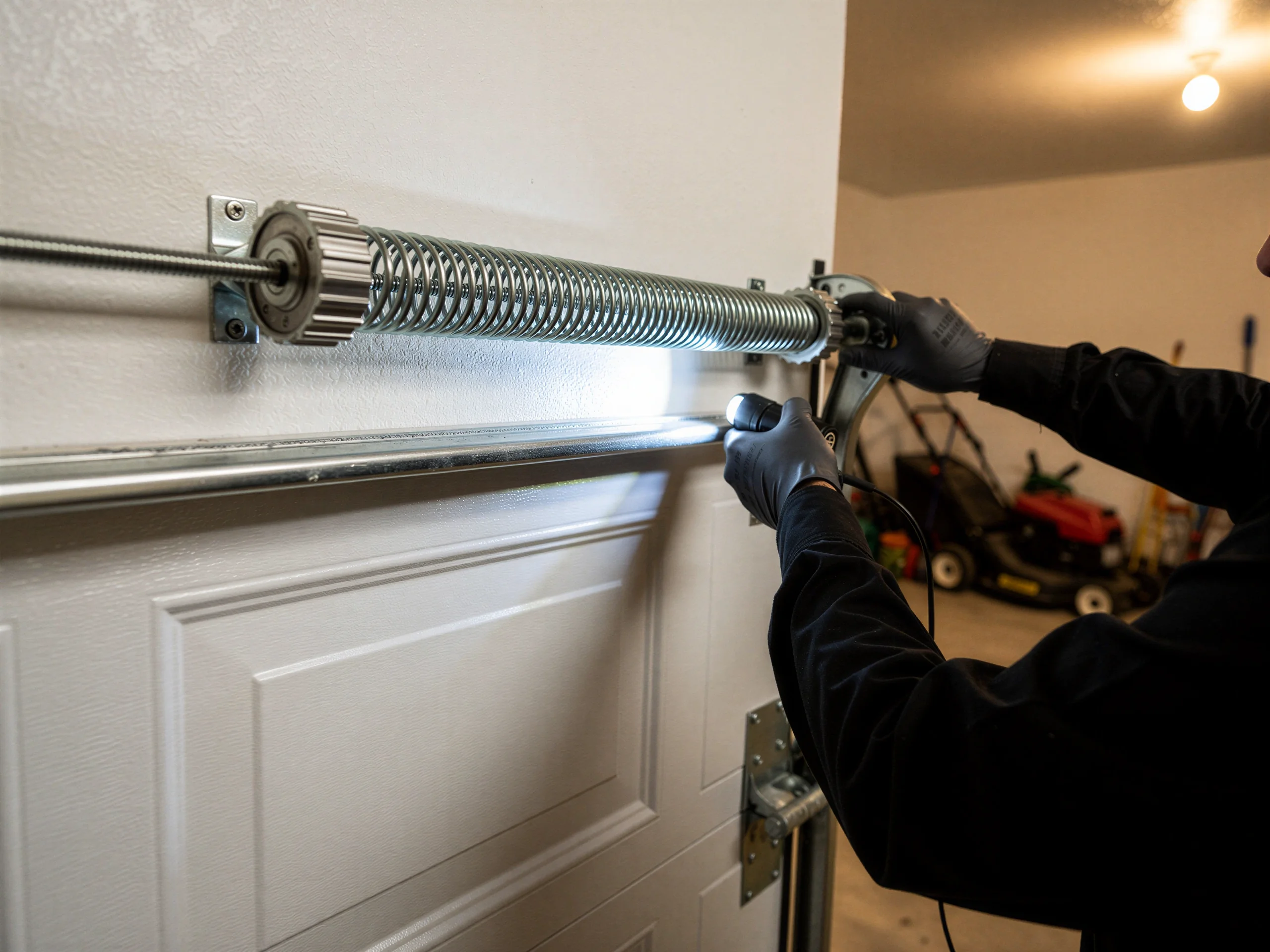A technician in black gloves works on a garage door torsion spring.